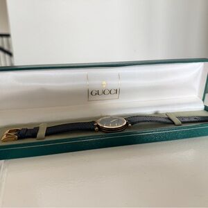 Gucci Black and Gold Slim Leather Strap Watch